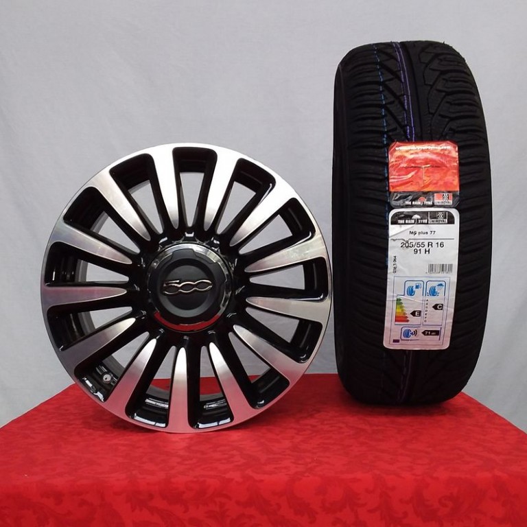 Cerchi 500L 16 Originali Fiat a Razze Nero Lucido Diamantato con Pneumatici Uniroyal Ms Plus 77 91H 205 55